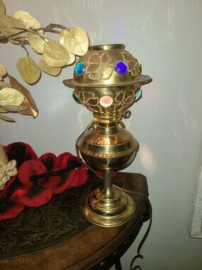 VTG Duplex England Brass Lamp W/ Pierced Metal Moroccan Style Shade Converted